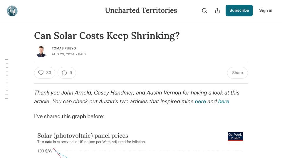 Screenshot of unchartedterritories.tomaspueyo.com: Can solar costs keep shrinking?