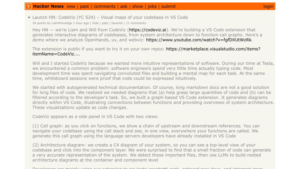 Screenshot of Hacker News post: Launch HN: CodeViz (YC S24) – Visual maps of your codebase in VS Code