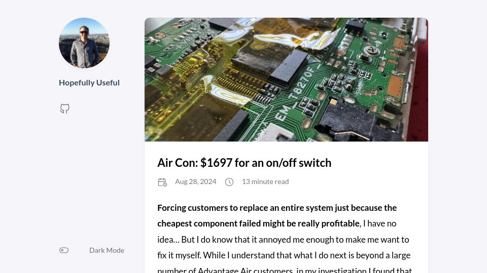 Screenshot of blog.hopefullyuseful.com: Air Con: $1697 for an on/off switch