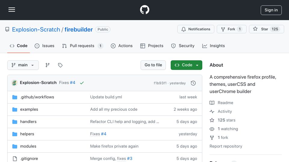 Screenshot of github.com: Show HN: Firebuilder: A complete Firefox customization tool