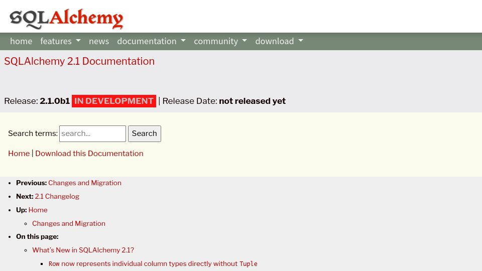 Screenshot of docs.sqlalchemy.org: What's New in SQLAlchemy 2.1?