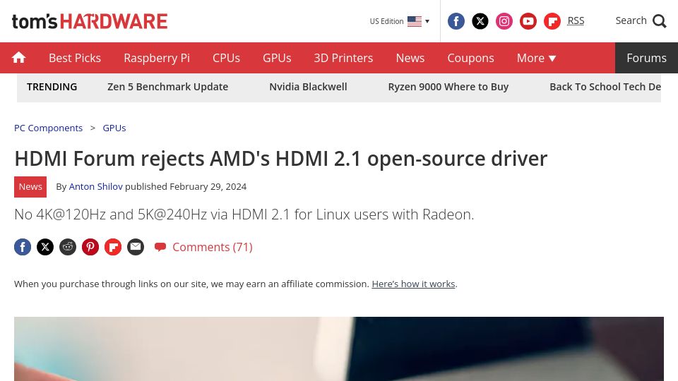 Screenshot of tomshardware.com: HDMI Forum rejects AMD's HDMI 2.1 open-source driver