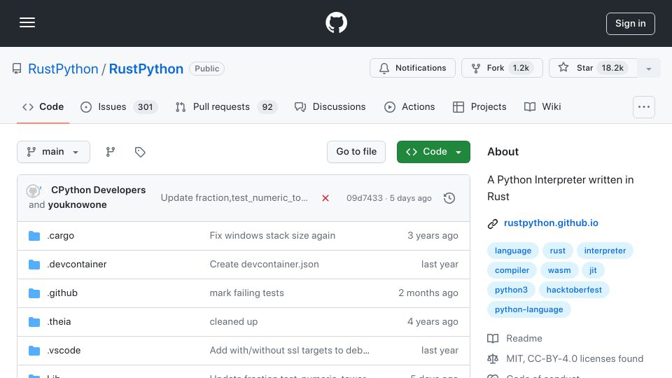 Screenshot of github.com: RustPython: A Python Interpreter Written in Rust