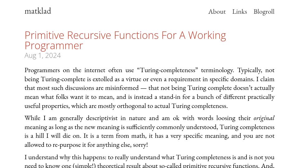 Screenshot of matklad.github.io: Primitive Recursive Functions for a Working Programmer