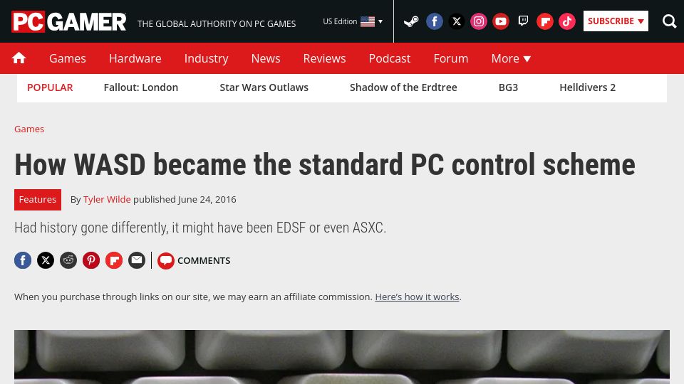 Screenshot of pcgamer.com: How WASD became the standard PC control scheme (2016)