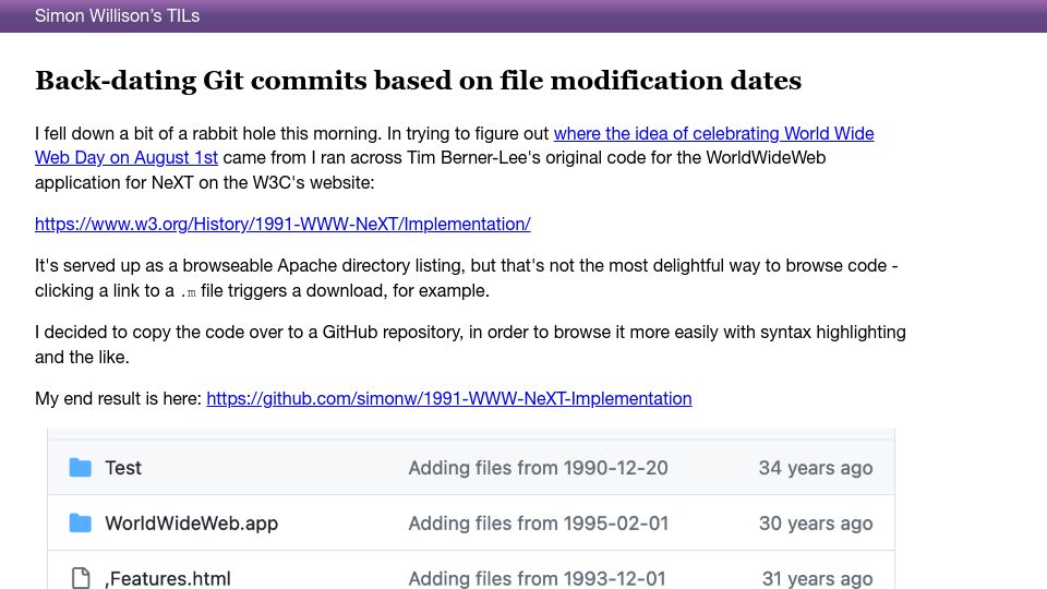 Screenshot of til.simonwillison.net: Back dating Git commits based on file modification dates