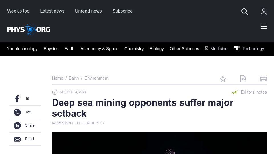Screenshot of phys.org: Deep sea mining opponents suffer major setback