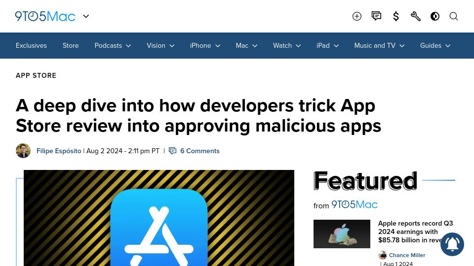 Screenshot of 9to5mac.com: Techniques used by developers to bypass App Store review