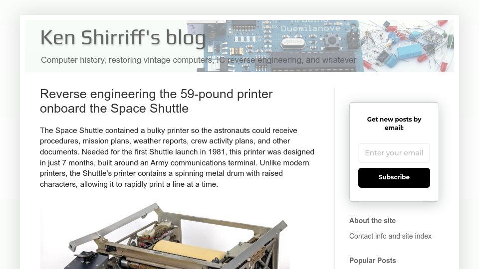 Screenshot of righto.com: Reverse engineering the 59-pound printer onboard the Space Shuttle