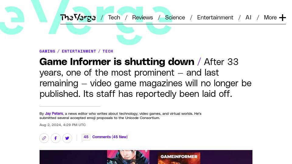 Screenshot of theverge.com: Game Informer shutting down after 33 years