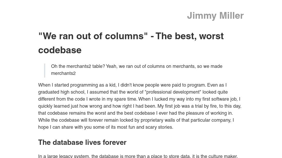 Screenshot of jimmyhmiller.github.io: "We ran out of columns"