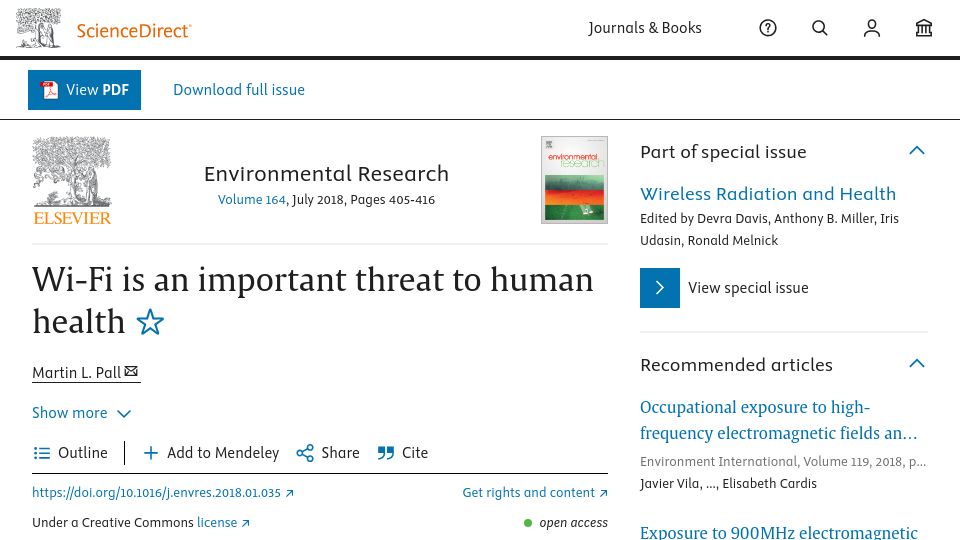 Screenshot of sciencedirect.com: Wi-Fi is an important threat to human health (2018)