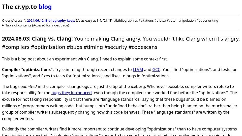 Screenshot of blog.cr.yp.to: Clang vs. Clang