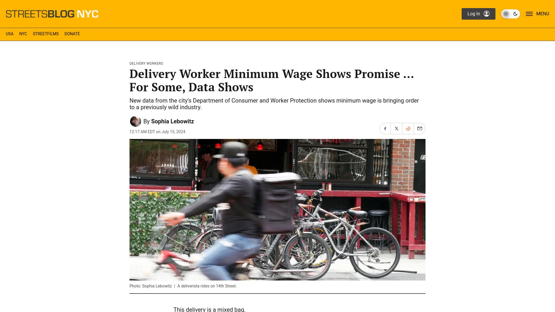 Screenshot of nyc.streetsblog.org: Delivery worker minimum wage is bringing order to a wild industry