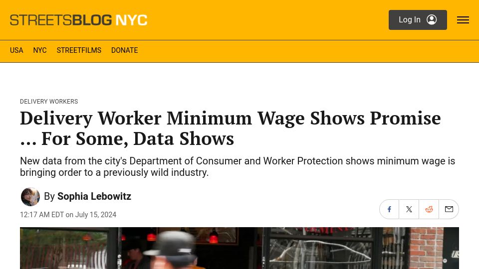 Screenshot of nyc.streetsblog.org: Delivery worker minimum wage is bringing order to a wild industry