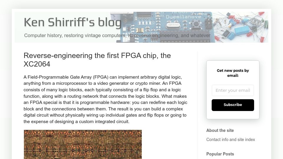 Screenshot of righto.com: Reverse engineering XC2064, the first FPGA  (2020)