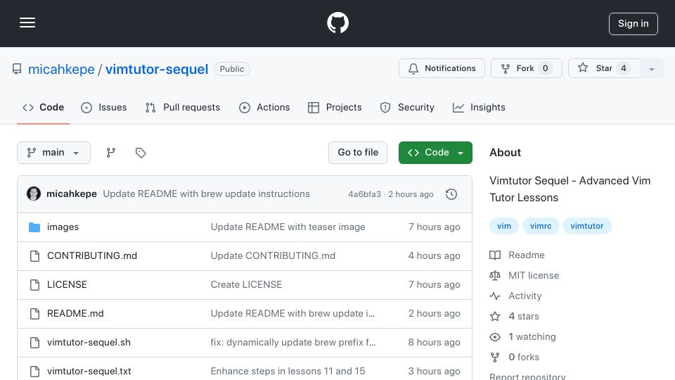 Screenshot of github.com: I Made an Extended Version of Vimtutor – Introducing Vimtutor Sequel