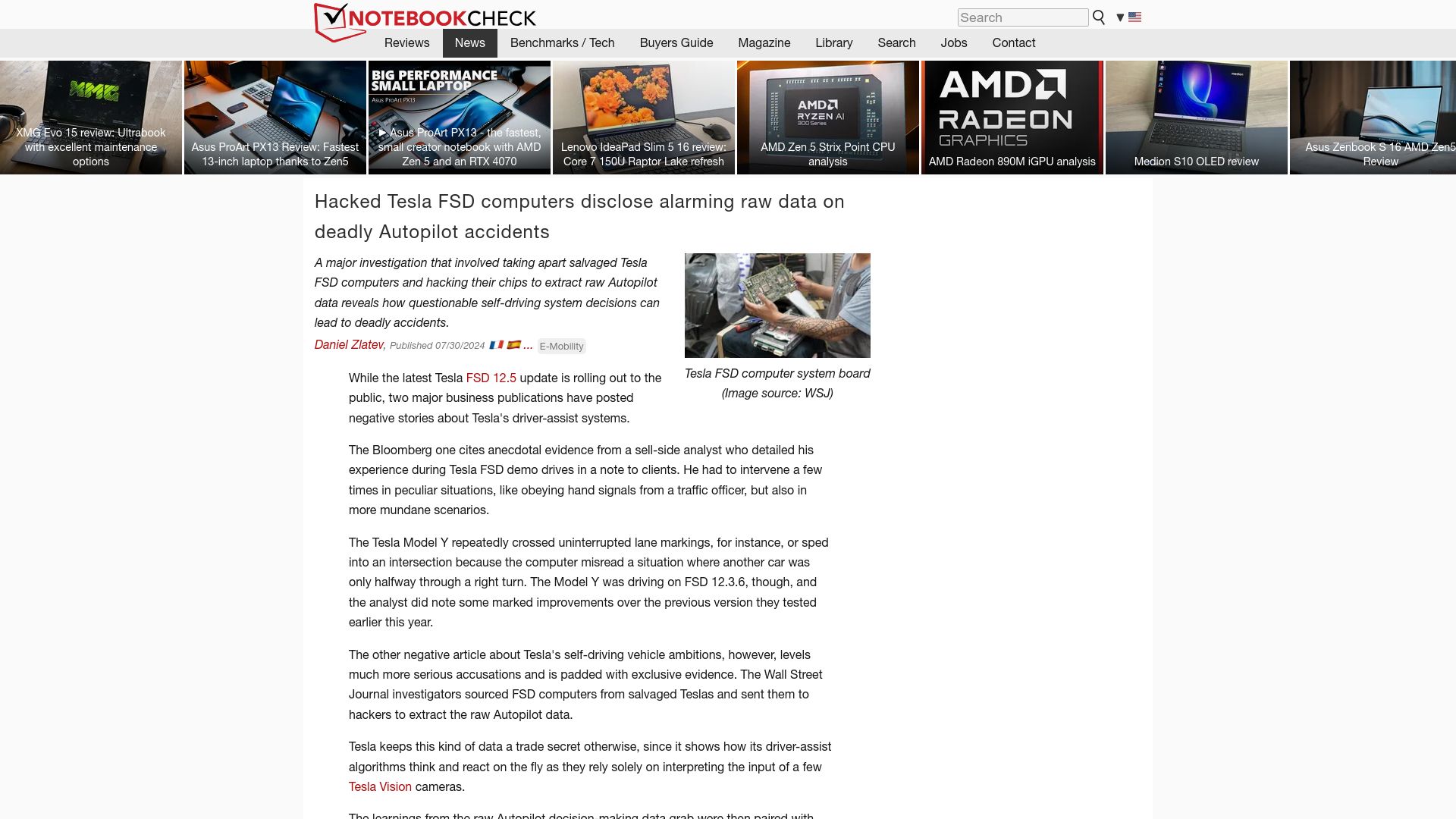 Screenshot of notebookcheck.net: Hacked Tesla FSD computers disclose alarming raw data on deadly accidents