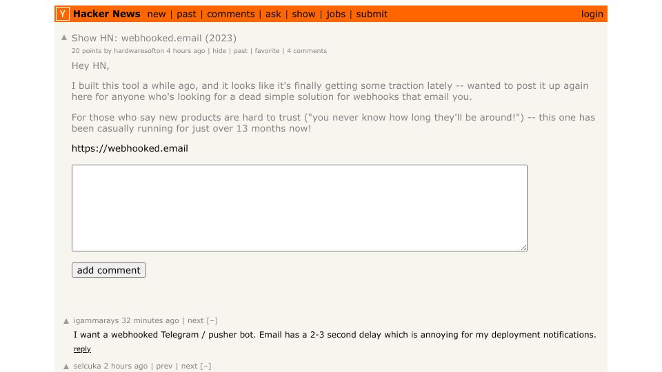 Screenshot of Hacker News post: Show HN: webhooked.email (2023)