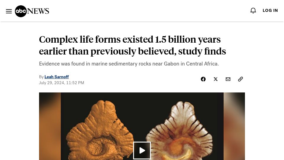 Screenshot of abcnews.go.com: Complex life forms existed 1.5B years earlier than believed, study finds