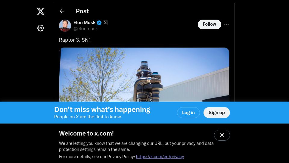 Screenshot of twitter.com: SpaceX Raptor 3, SN1