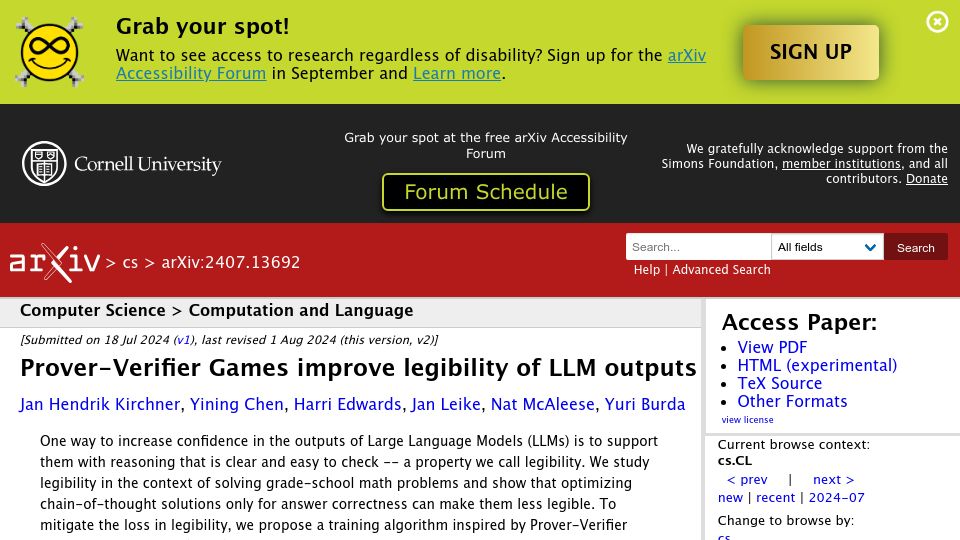 Screenshot of arxiv.org: Prover-Verifier Games improve legibility of LLM outputs