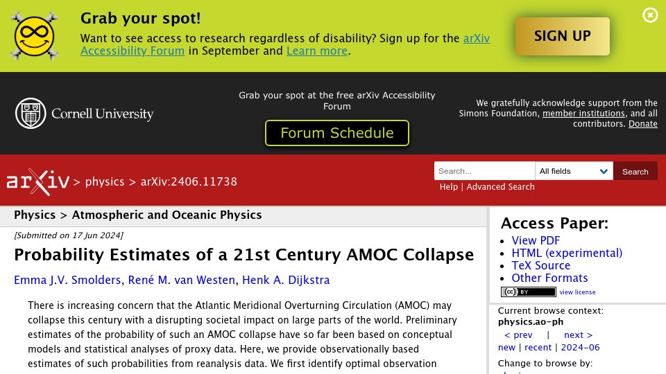 Screenshot of arxiv.org: Probability Estimates of a 21st Century AMOC Collapse