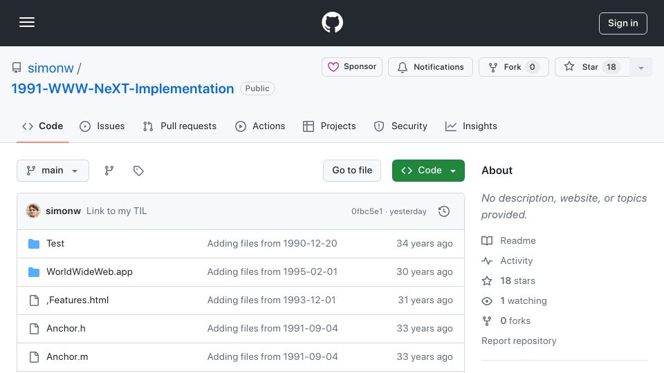 Screenshot of github.com: 1991 WWW-NeXT Implementation