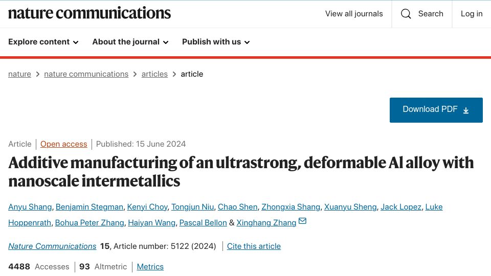 Screenshot of nature.com: Additive manufacturing of an ultrastrong, deformable aluminum alloy