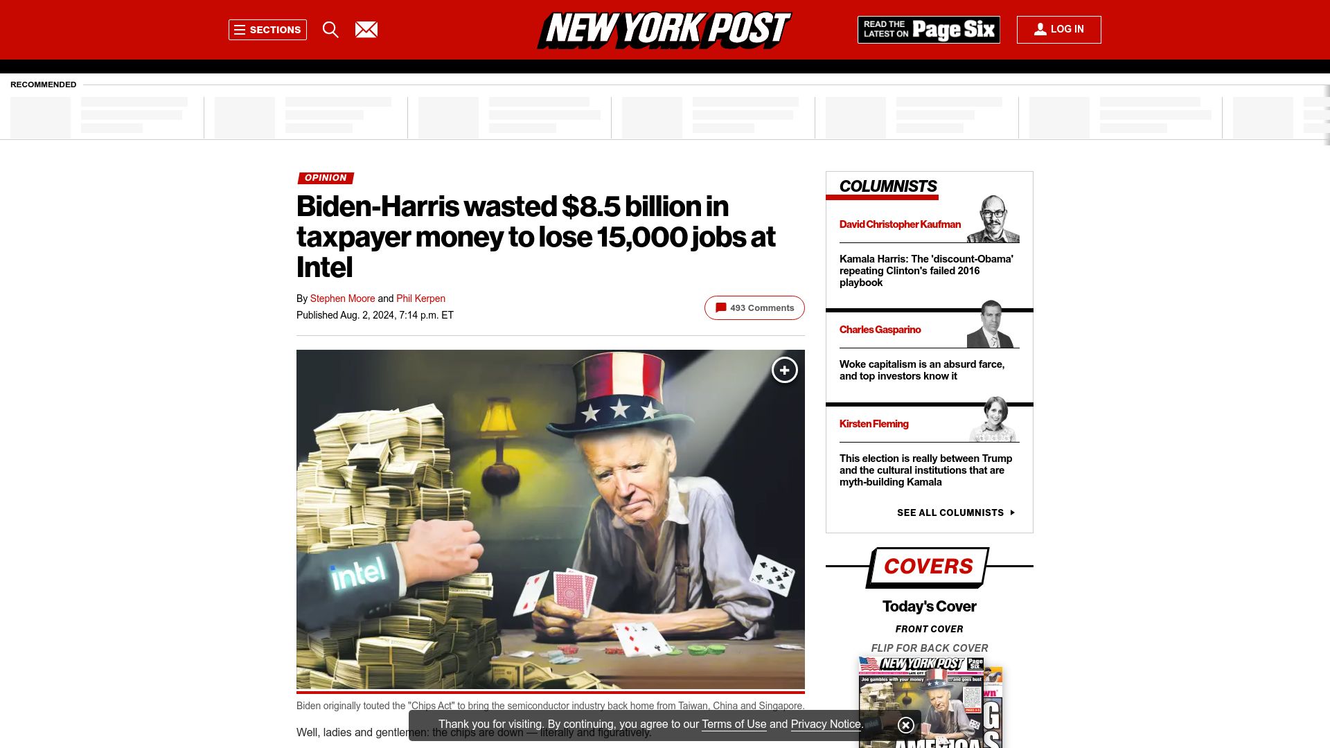Screenshot of nypost.com: Intel took billions from the CHIPS Act, and gave nothing back