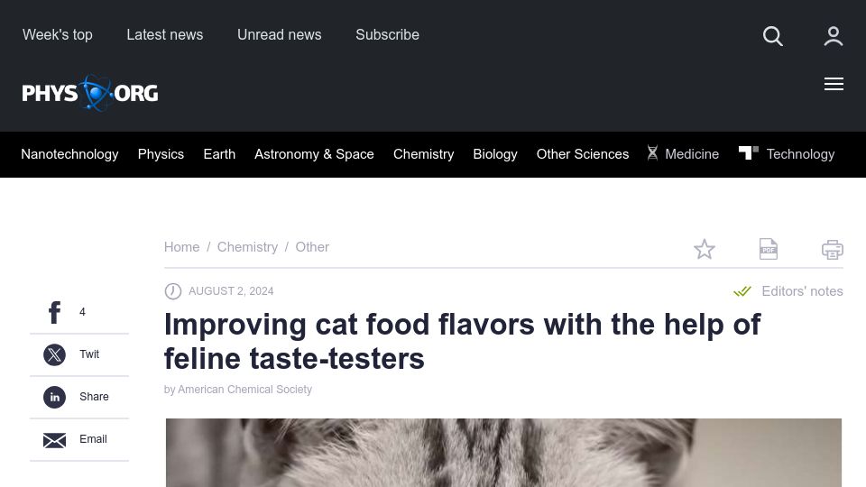 Screenshot of phys.org: Improving cat food flavors with the help of feline taste-testers