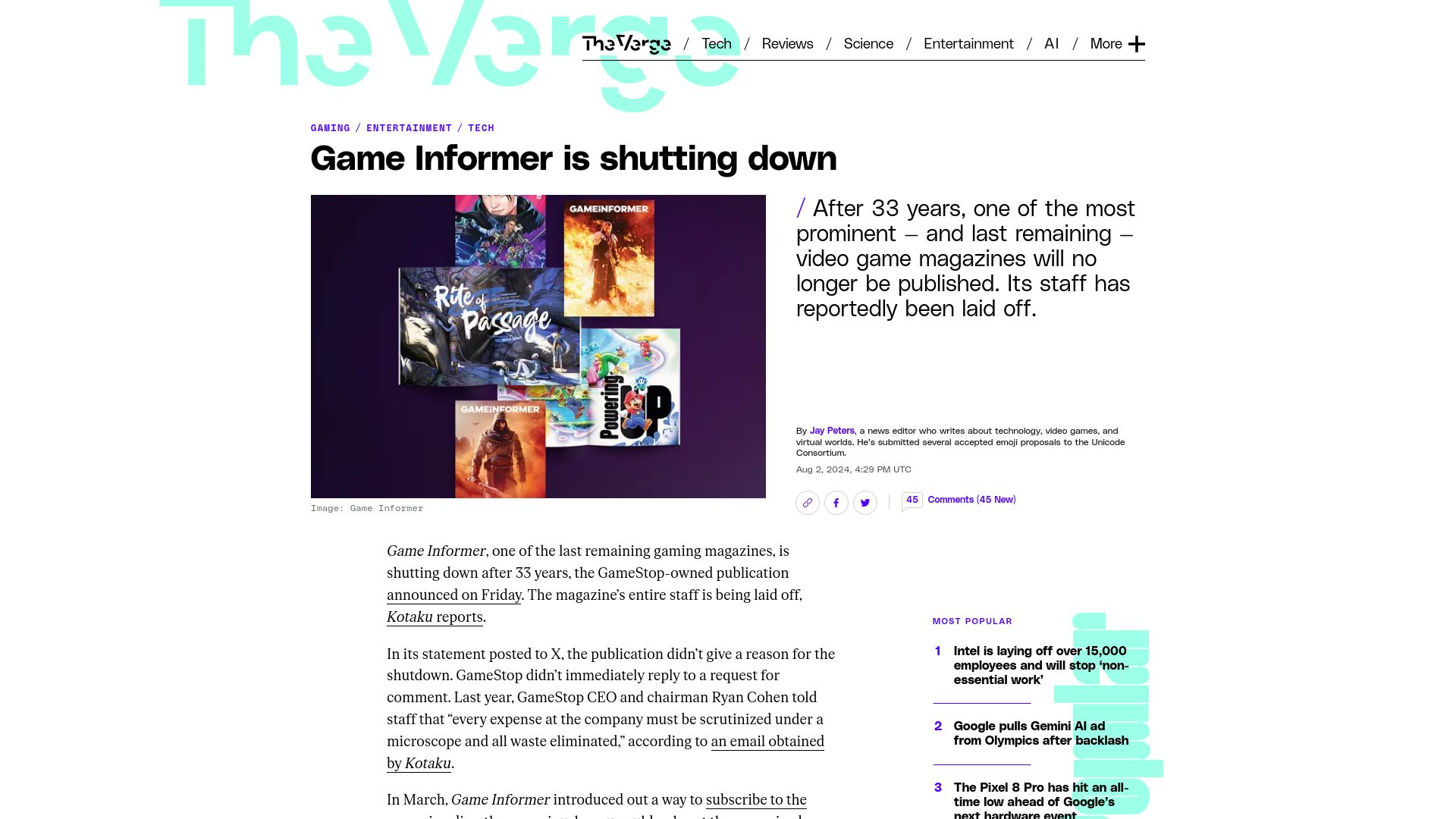 Screenshot of theverge.com: Game Informer shutting down after 33 years