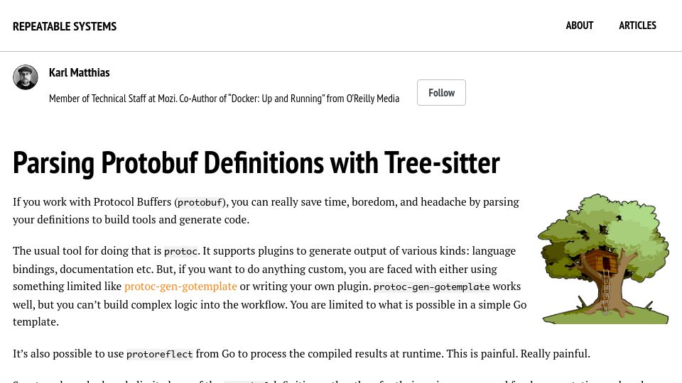 Screenshot of relistan.com: Parsing Protobuf Definitions with Tree-sitter