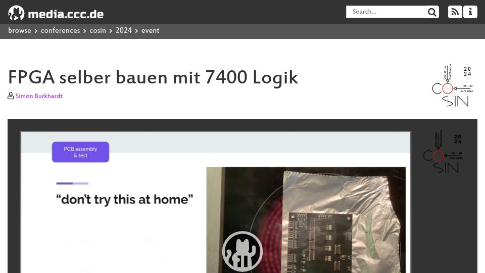 Screenshot of media.ccc.de: An FPGA built with 7400 series logic [video]