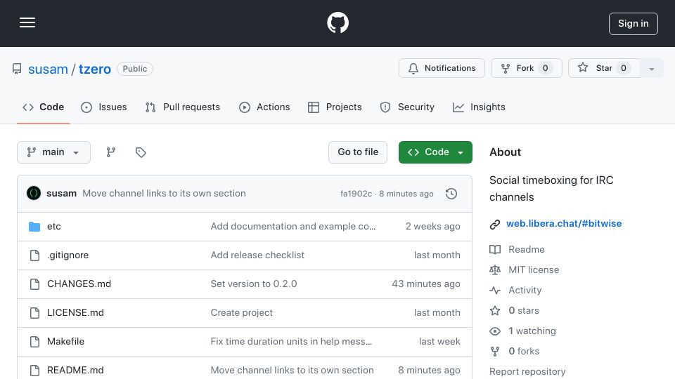 Screenshot of github.com: Tzero: Social Timeboxing for IRC Channels