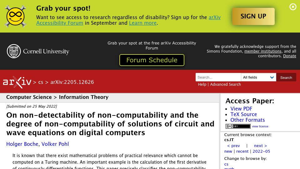 Screenshot of arxiv.org: Non-computability of solutions of certain equations on digital computers (2022)
