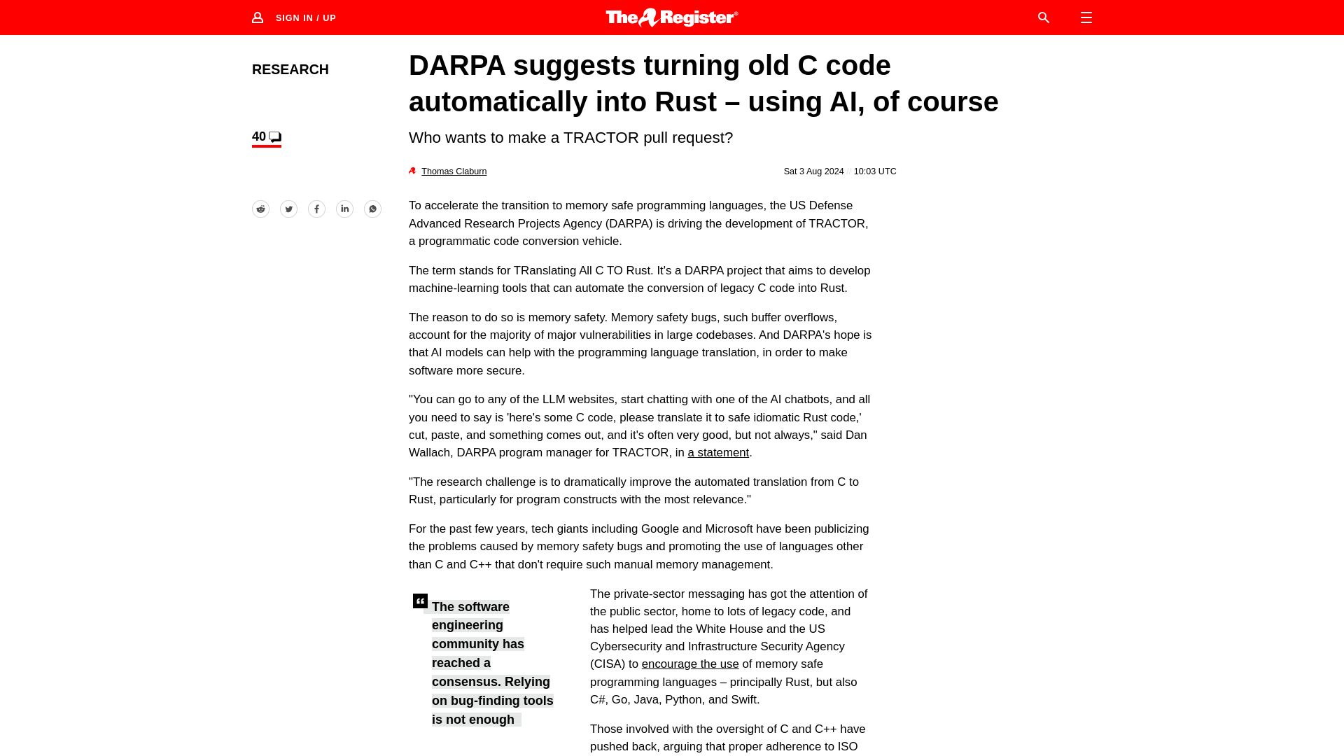 Screenshot of theregister.com: DARPA suggests turning old C code automatically into Rust – using AI, of course