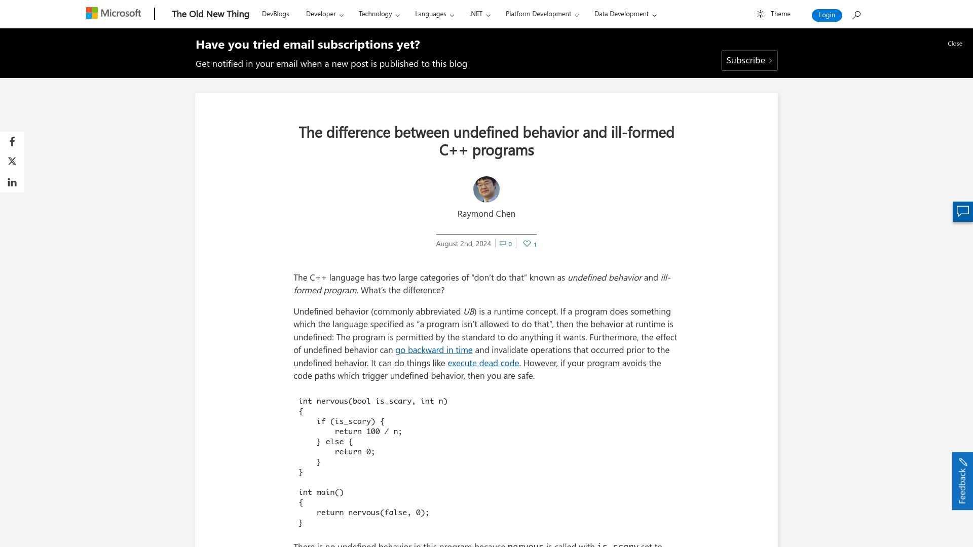 Screenshot of devblogs.microsoft.com: The difference between undefined behavior and ill-formed C++ programs