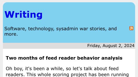Screenshot of rachelbythebay.com: Two months of feed reader behavior analysis