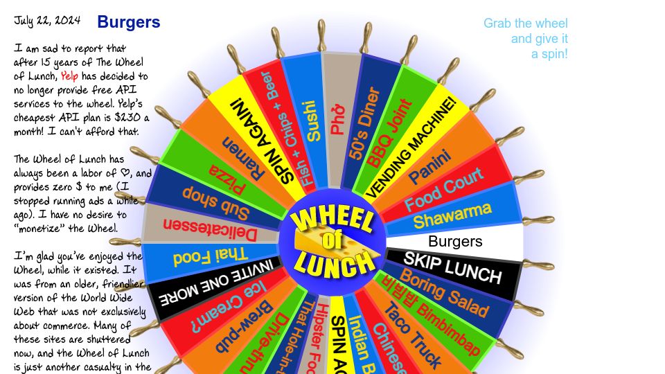 Screenshot of wheelof.com: Wheel of Lunch: Killed by Yelp after 15 years