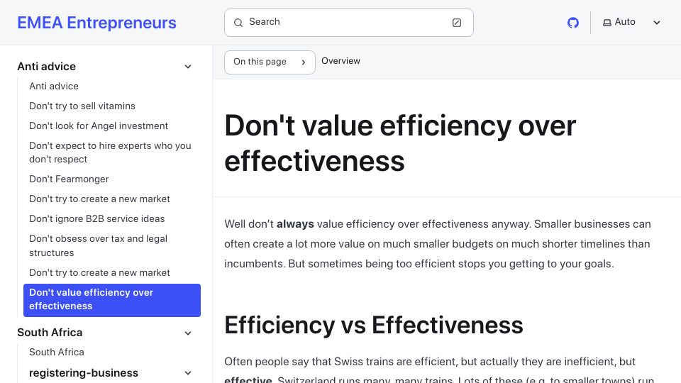 Screenshot of emeaentrepreneurs.com: Don't Value Efficiency over Effectiveness