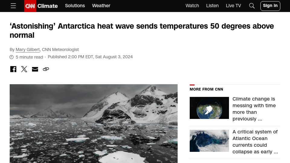 Screenshot of cnn.com: Antarctica's winter is now 50F hotter than it used to be