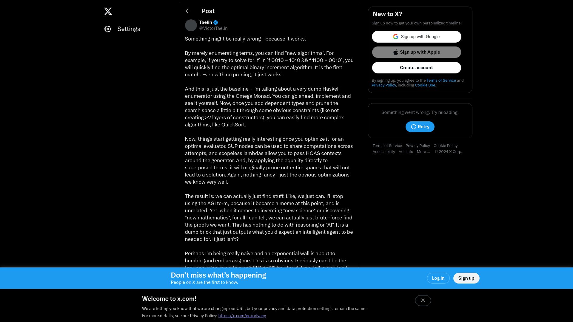 Screenshot of twitter.com: Discovering algorithms by enumerating terms in Haskell