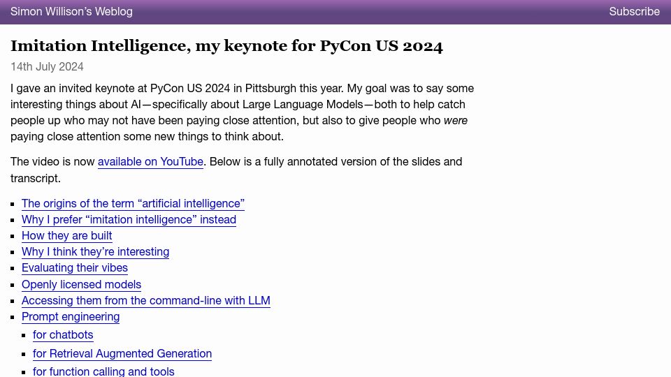 Screenshot of simonwillison.net: Imitation Intelligence, my keynote for PyCon US 2024