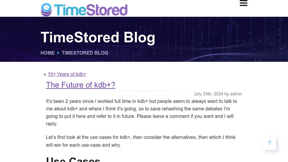 Screenshot of timestored.com: The future of kdb+?