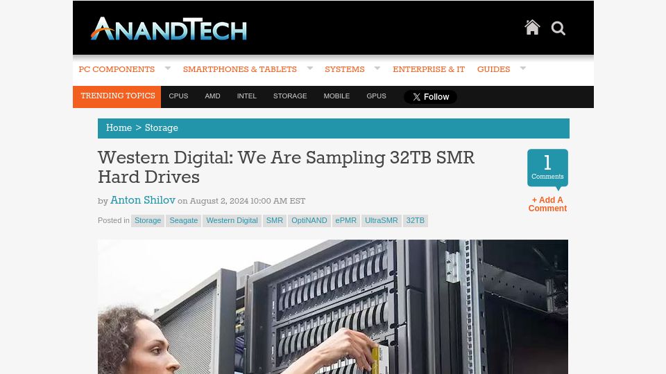 Screenshot of anandtech.com: Western Digital: We Are Sampling 32TB SMR Hard Drives