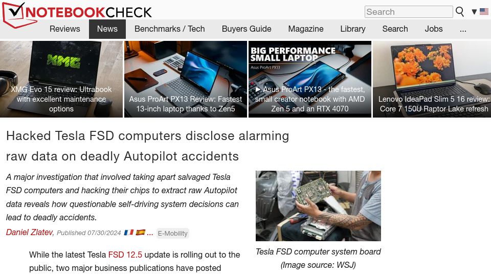 Screenshot of notebookcheck.net: Hacked Tesla FSD computers disclose alarming raw data on deadly accidents