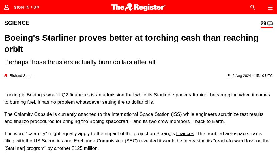 Screenshot of theregister.com: Boeing's Starliner proves better at torching cash than reaching orbit