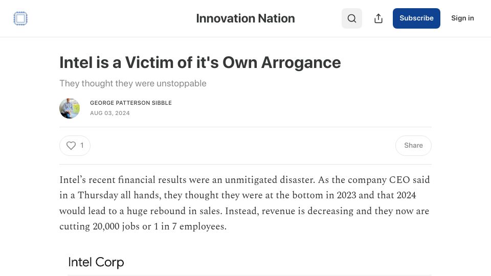 Screenshot of innovationnation.blog: Intel is a Victim of its Own Arrogance