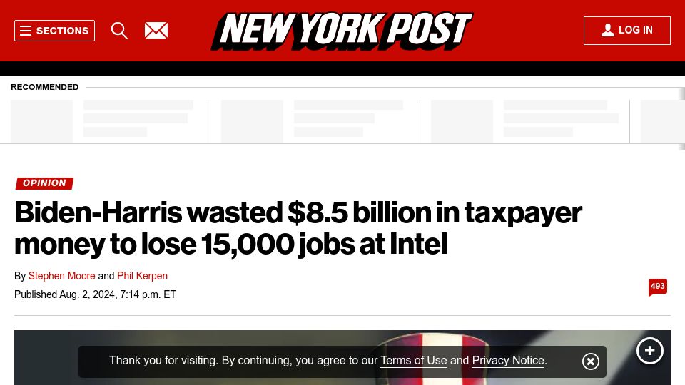 Screenshot of nypost.com: Intel took billions from the CHIPS Act, and gave nothing back